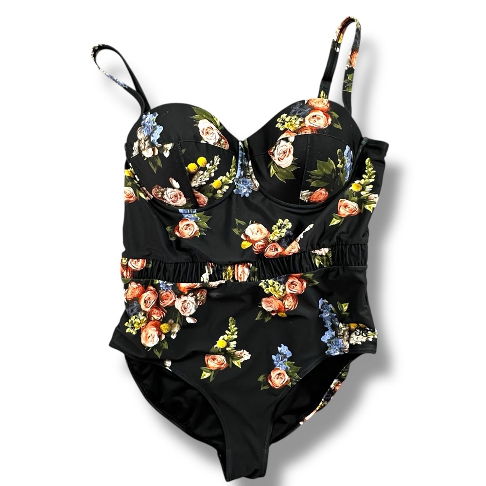 Albion Fit Maria One-Piece Swimsuit XL Black Floral Belted Ruched